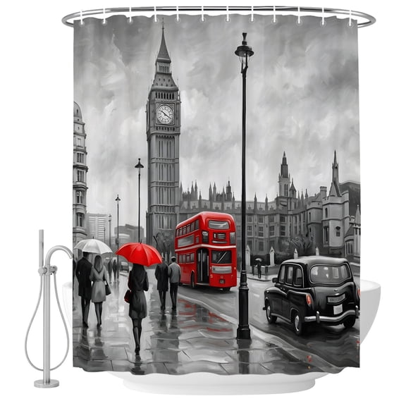 Extra Long Shower Curtain 72x96 Inch, City Street Shower Curtain Waterproof Bathroom Decor, Big Ben London River Bus Bridge Rainy Day Fabric Bath Curtain Set Accessories with Hooks