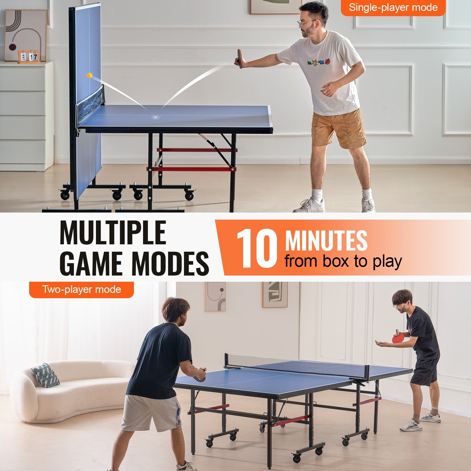 KFFKFF Foldable Indoor Table Tennis Table with Quick Clamp Net, Lockable Wheels, and 18mm Surface, Easy 10-Minute Assembly for Professional Play