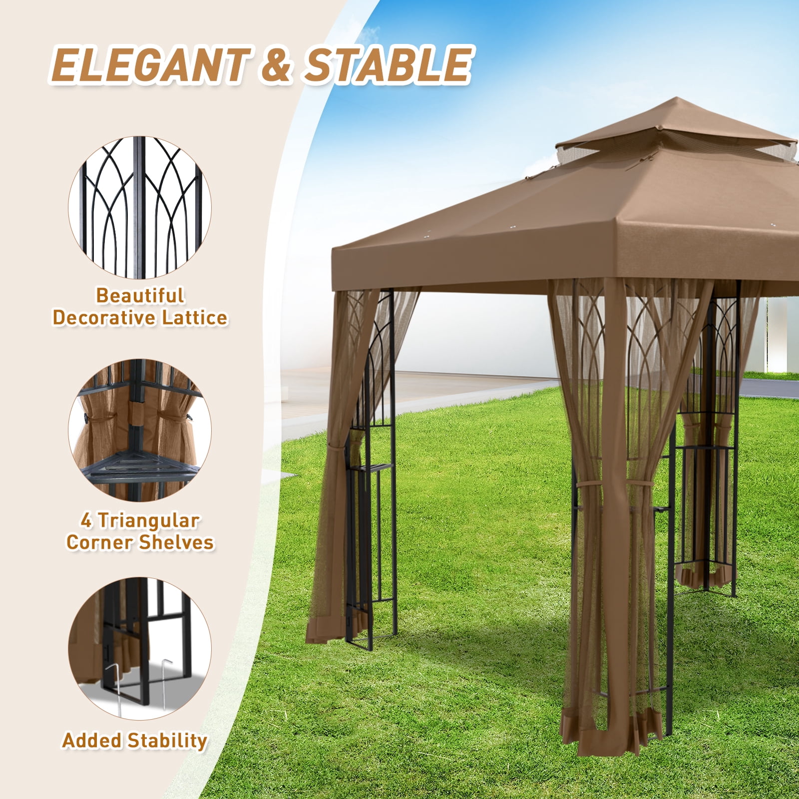 INTER HUT 8x8 Metal Patio Double Soft Roof Gazebo Outdoor Canopy Tent with Netting, Ceiling Hook, Shelves