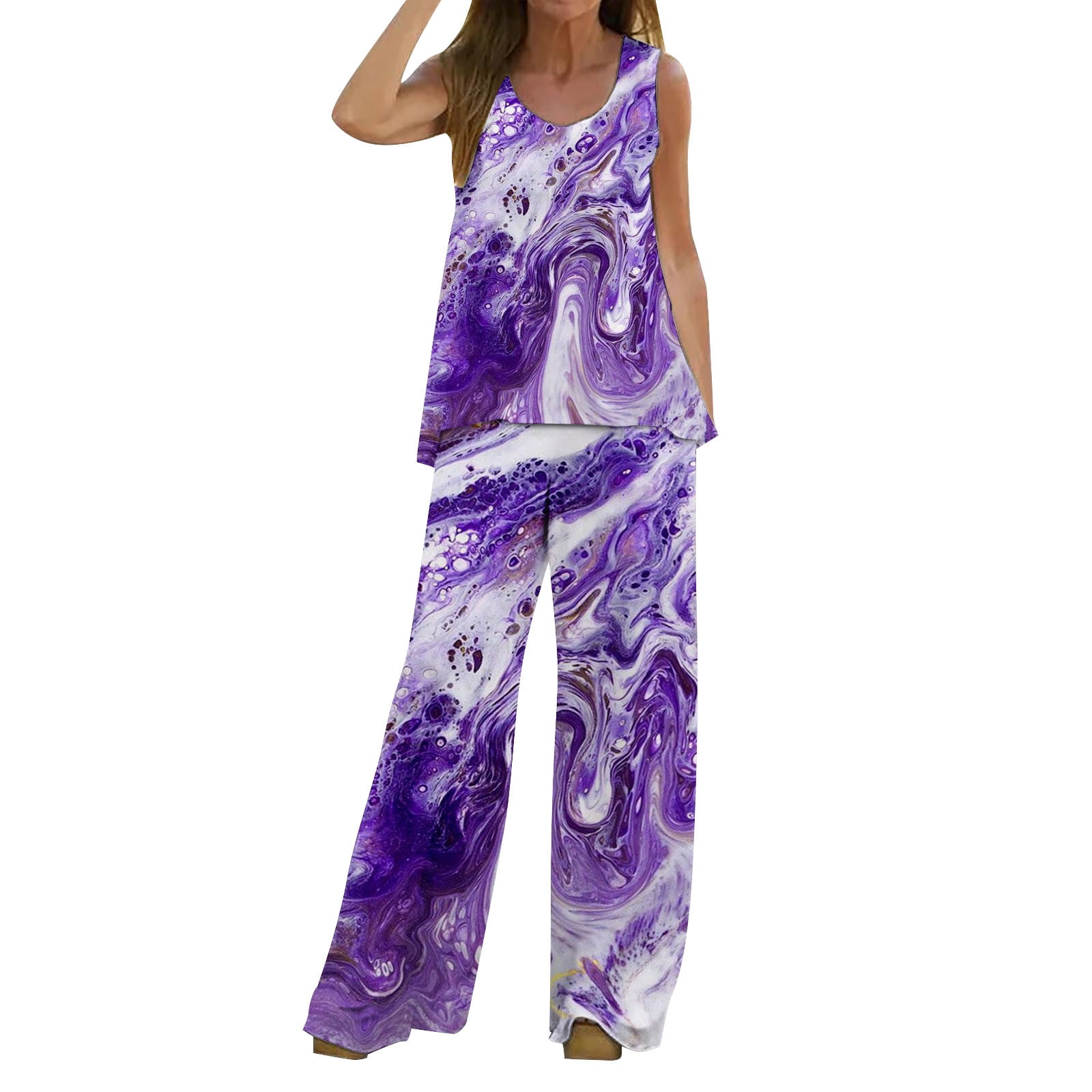 Womens Pants plus Size Pant Suits for Wedding Guest Women 2 Piece Outfits Boho Casual Printed Vest Sleeveless Top Loose Wide Adult Female Clothes Purple Size M Walmart