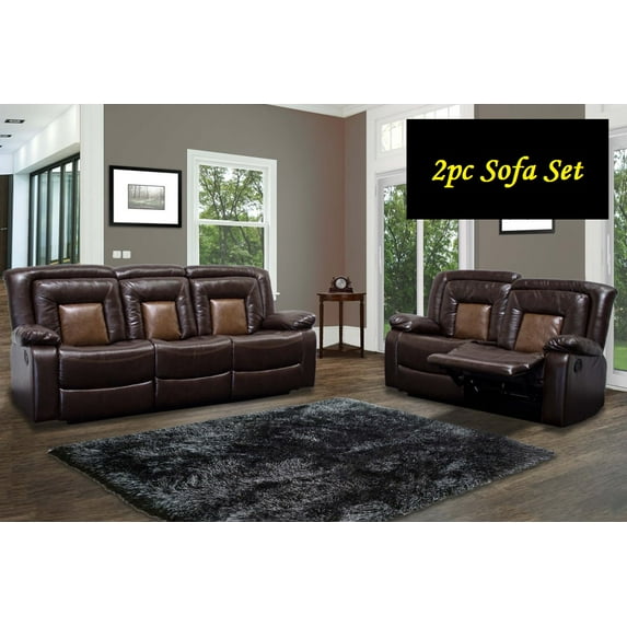 Chocolate Brown Double Recliner Sofa Love-seat Faux Leather Brookshire 2pc Set Living Room Dual Tone Couch Modern Reclining Couch
