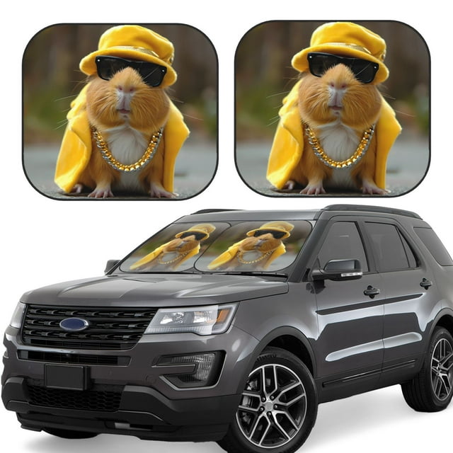 Saiise Heavy Metal Style Guinea Pig for Foldable Car Sun Shades (2-Pack) Offer Sun Protection with an Easy-fold Design for Convenient Windshield Shading-Large