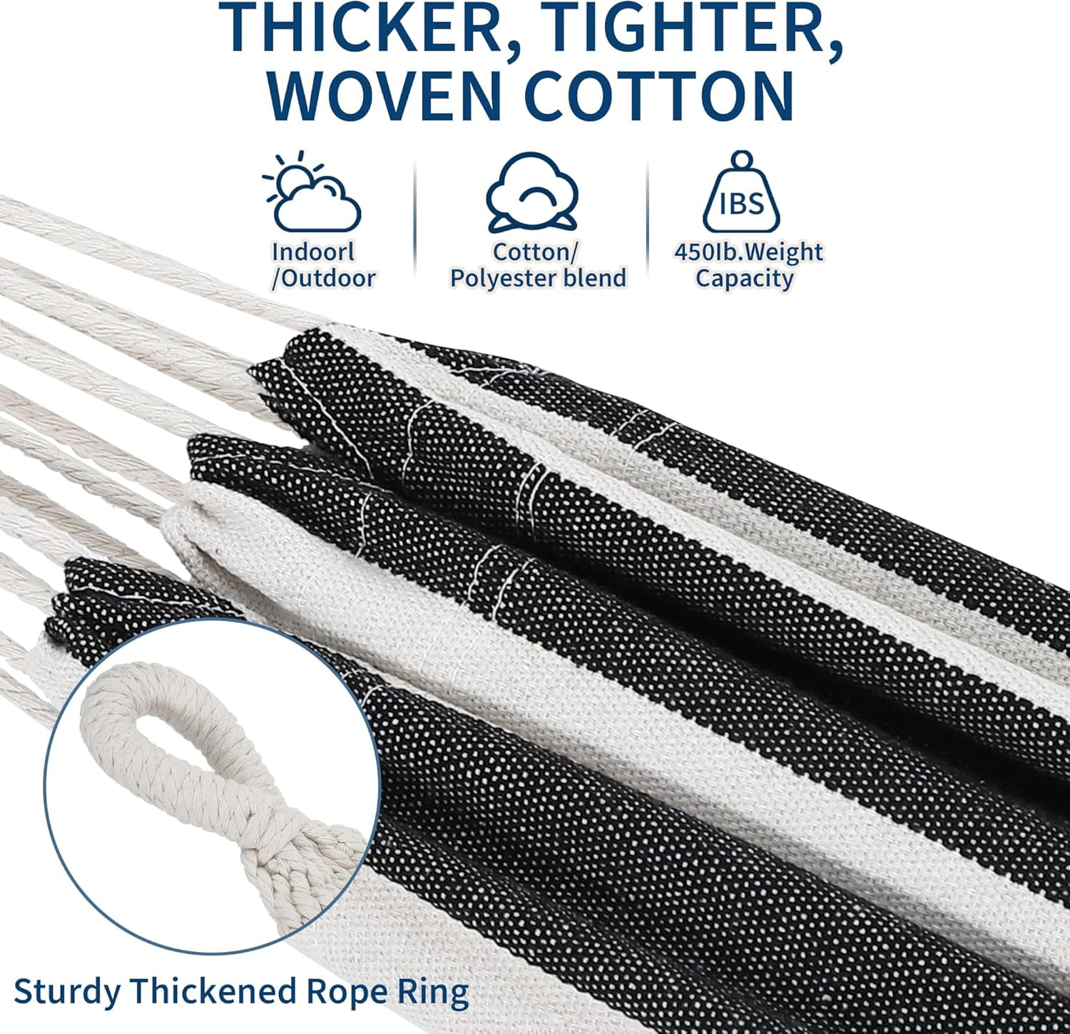 Double Hammock with Stand - Heavy Duty 450lbs Capacity, Portable Cotton Hammock for Two Adults, Indoor & Outdoor Use with Travel Bag, Black&White Stripe Pattern