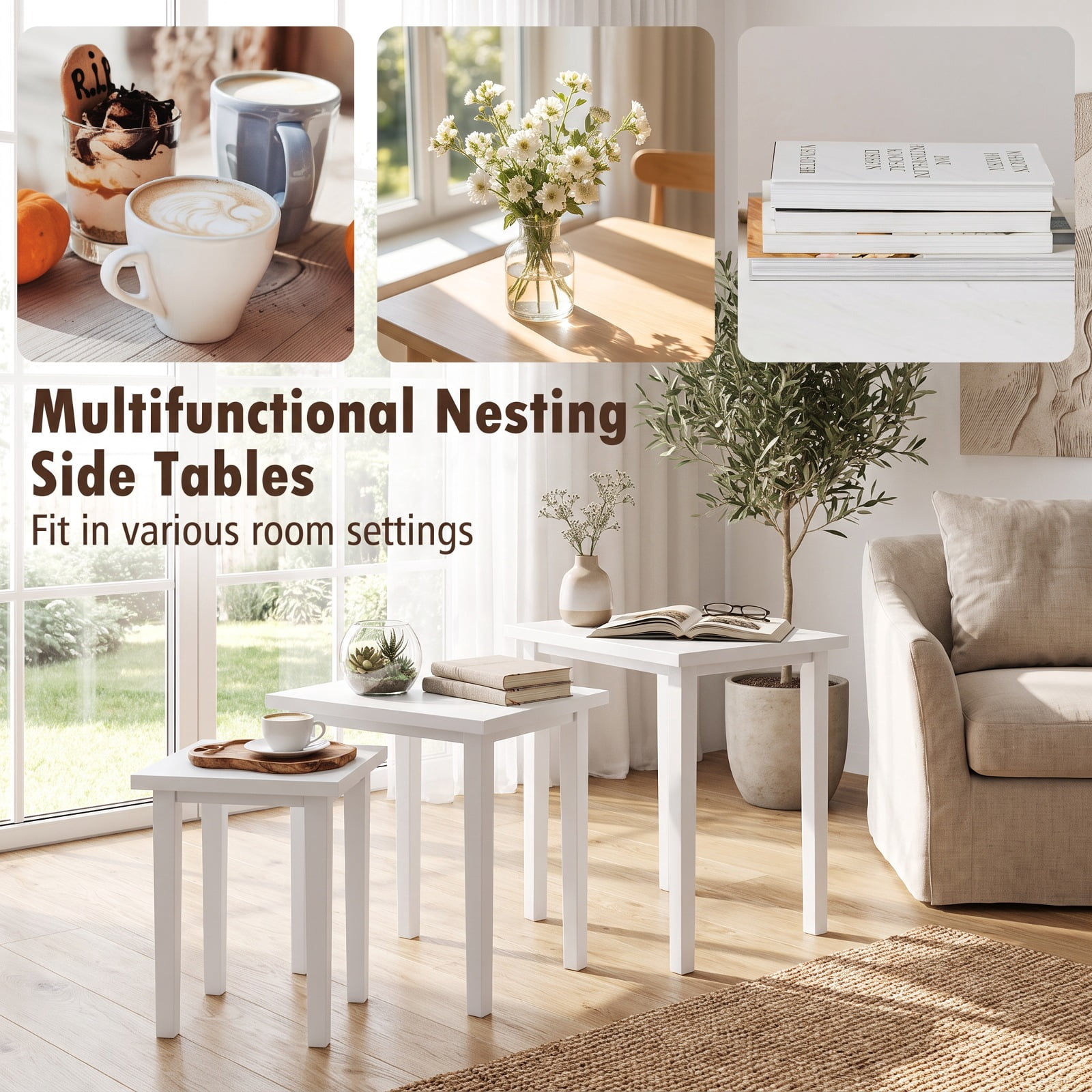 Furnibear 3 Piece Farmhouse Nesting Side Table Set with Rubber Wood Legs and Stackable Rectangle Tops for Living Room and Bedroom, White