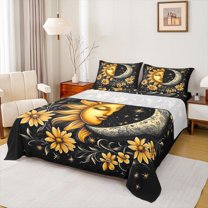 Homewish Bohemain Sun Moon Twin Sheet Sets,Rustic Western Boho Twin Fitted Sheet,Gold Flower Floral Flat Sheet For Adults,Microfiber Bedroom Decor,3-Piece