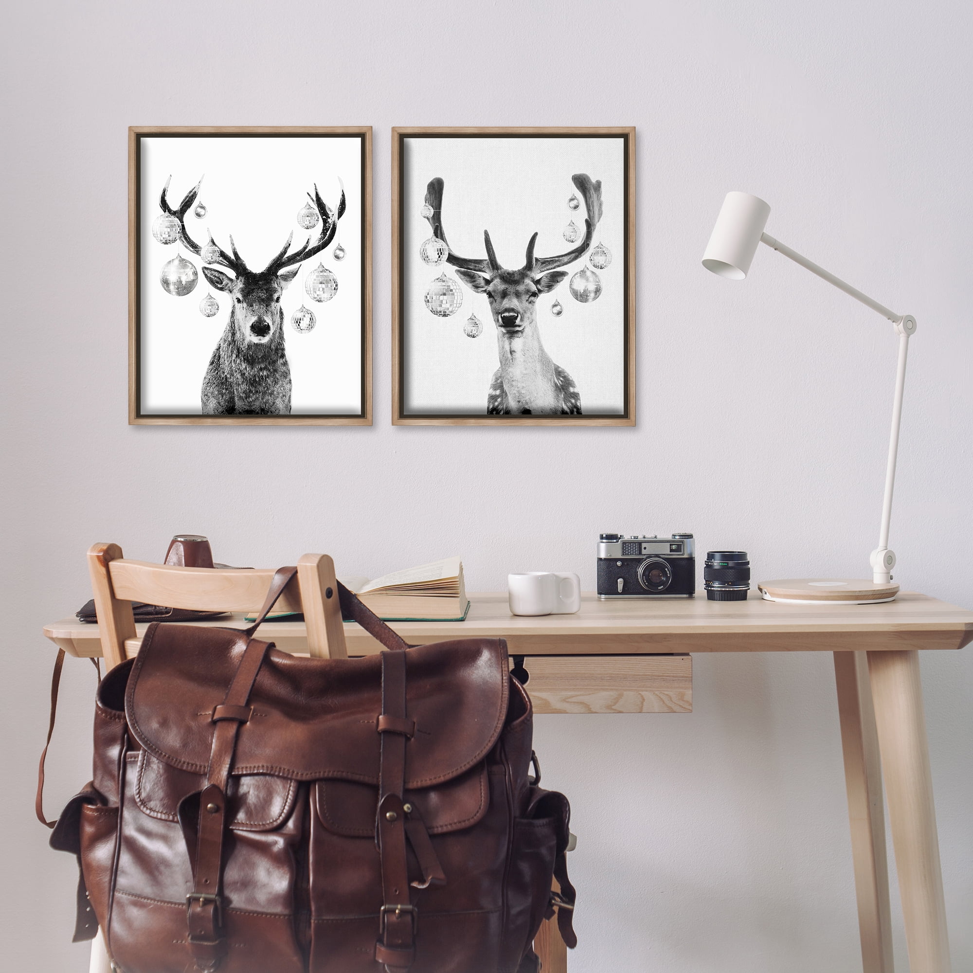 Stupell Industries Black and White Disco Deer Holiday Painting Brown Floater Framed Canvas Art Print Wall Art, 17 x 21, Set of 2