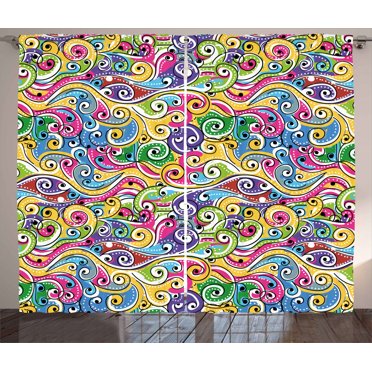 Ambesonne Wave Curtains 2 Panel Set, Funky Doodle Summer Art, 108" x 90", Multicolor