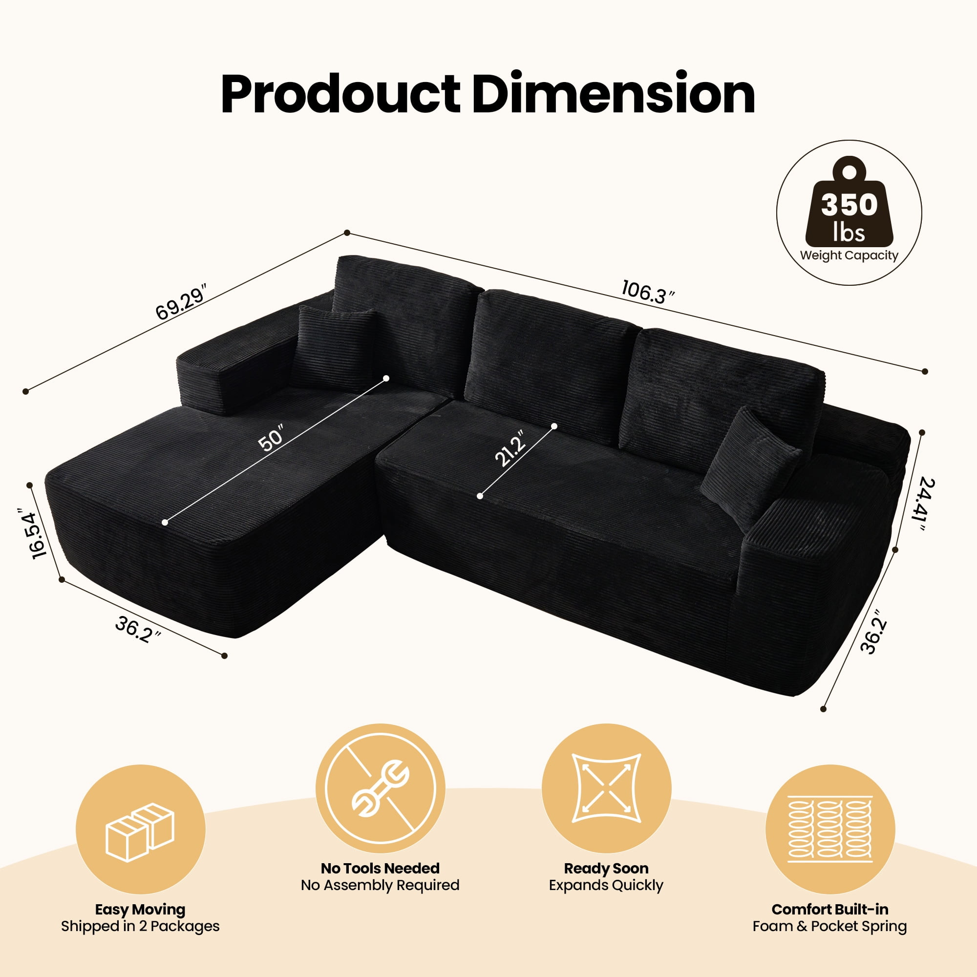 Vcatnet 106" Modular Sectional Sofa Couch Corduroy Cloud Couch L Shaped Modern Minimalist Couch with Chaise for Living Room, Black
