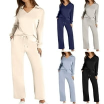 Vibrex Two Piece Sets for Women Lapel Long Sleeve V Neck Lounge Set Fall Outfits Fall Clothes Jogger Solid Color Lightweight Hoodless for Women & Drawstring and Straight Leg Loose Pants Set