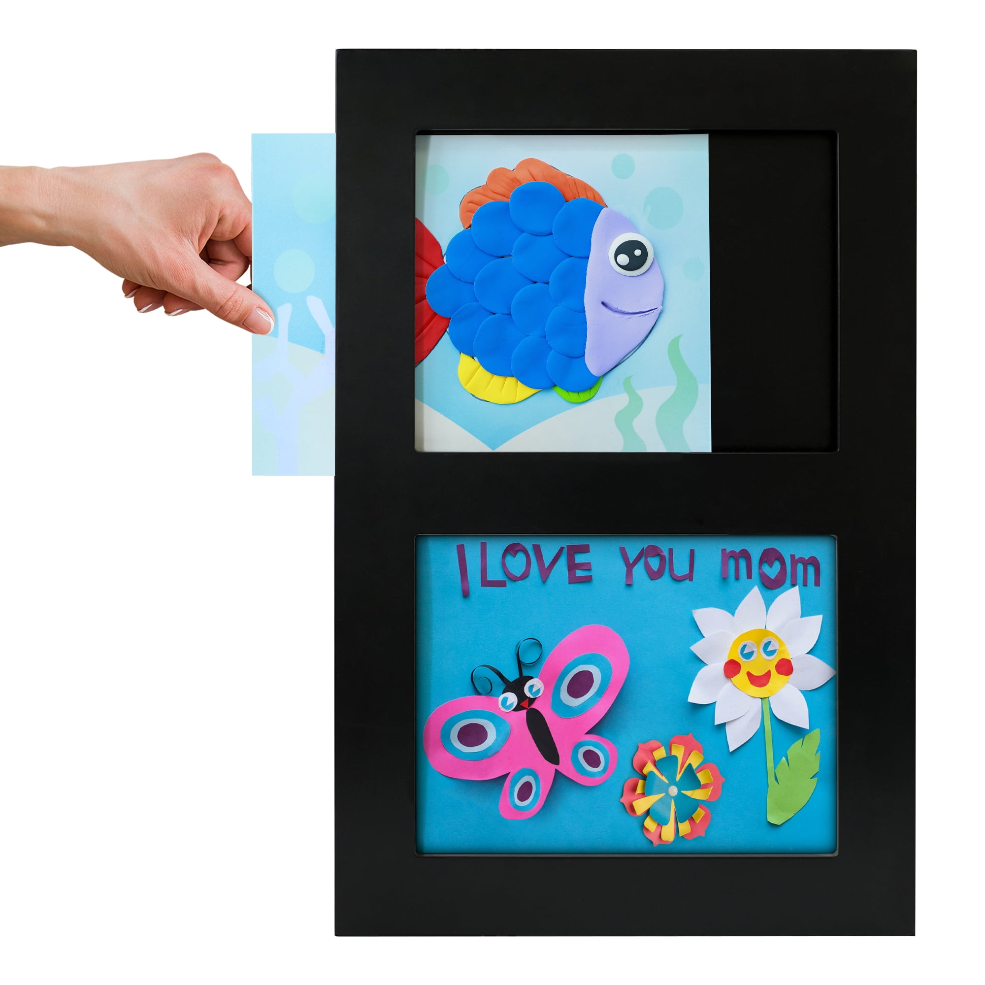 Americanflat 8.5x11 Kids Art Frame Holds Holds 25 Artworks Slide Artworks per Slot Two Openings Storage - Black