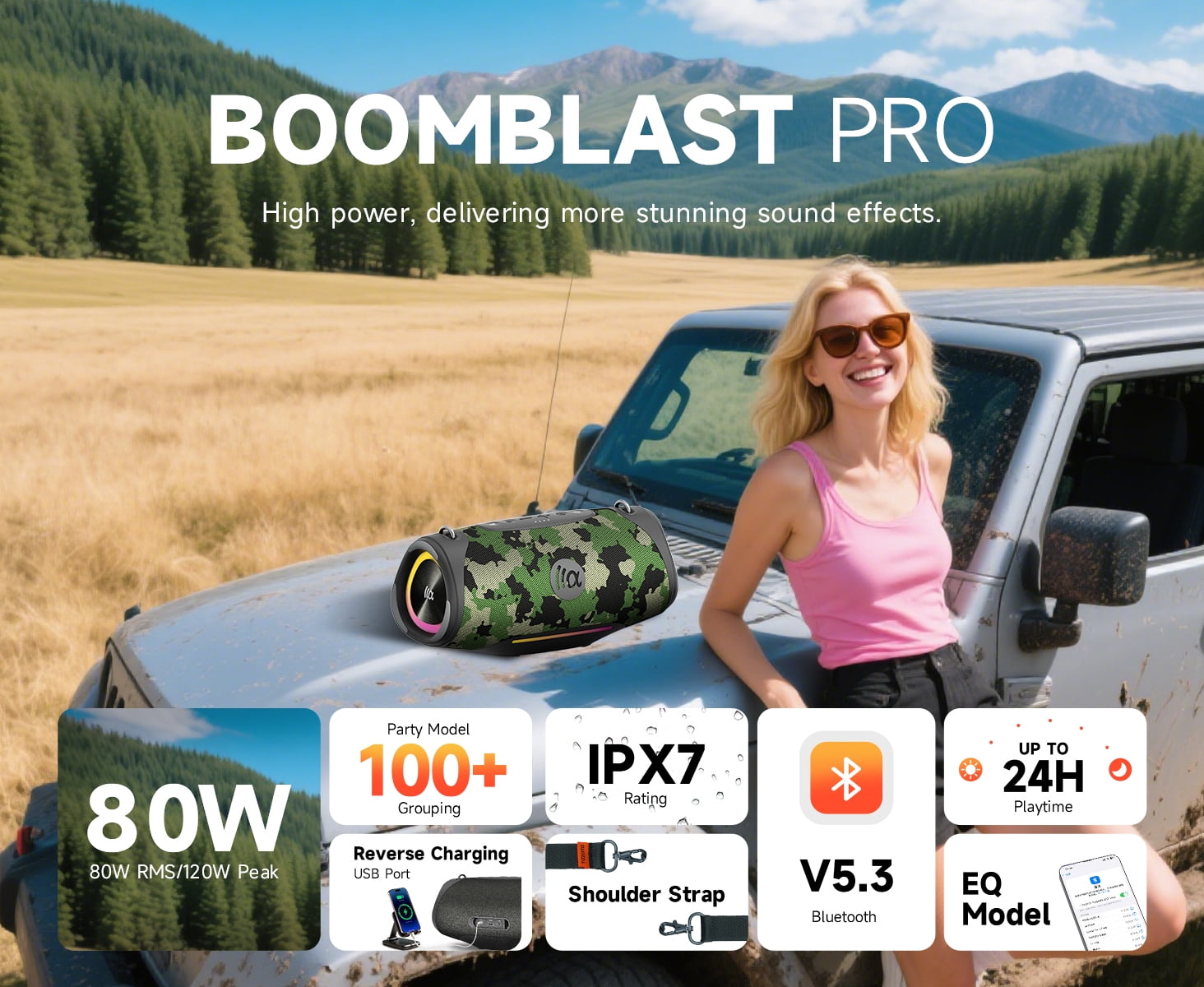 Portable Bluetooth Speaker 80W RMS,120W Peak Loud Subwoofer Wireless Stereo with HD Sound,8H Playtime IPX7 Waterproof for Party cmaping Beach,CAMO