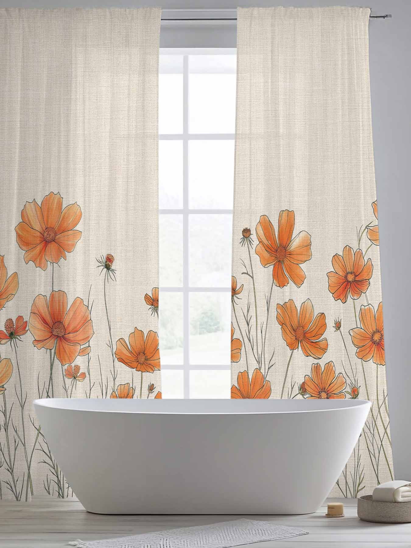 Orange Floral Sheer Curtains 84 inches Long 2 Panels Set Minimalism Watercolor Chrysanthemum Linen Tiers Sheers Rod Pocket Small Window Short Curtains for Kitchen Cafe, Each 52" W x 84" L