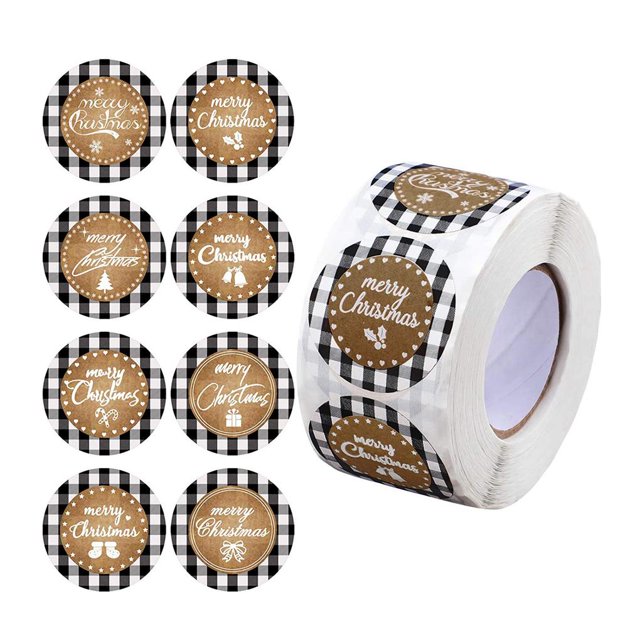 Decoration Label Sticker Festive Topic Grid Gift Box Sticker Kraft Paper Merry Christmas Slogan Decorative Sticker Roll for Festival Christmas Gift