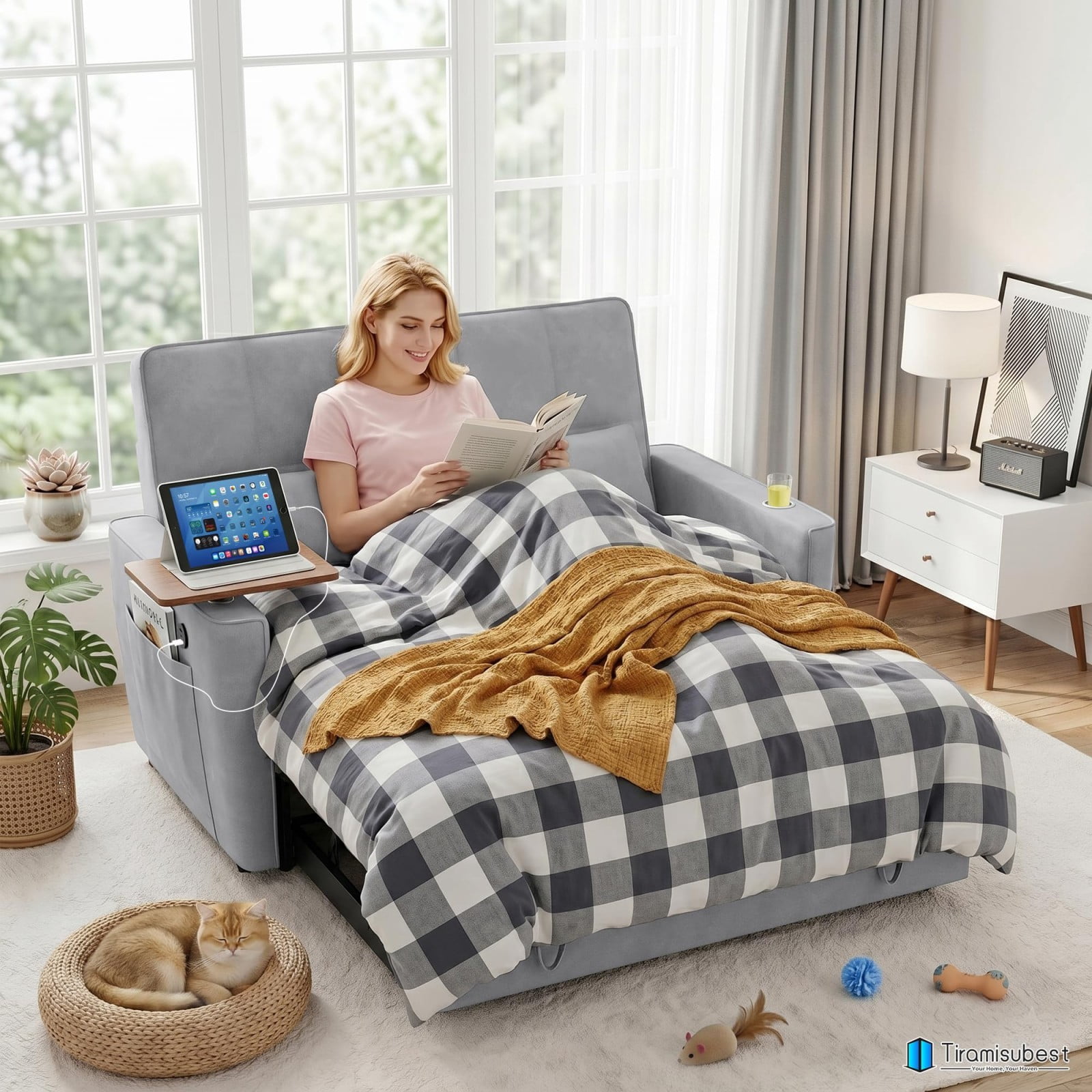 54" Sleeper Sofa Bed, Convertible Pull Out Couch Futon with Side Table, USB Ports, Cup Holder, Adjustable Backrest, Velvet Sofa Bed for Living Room Apartment, Light Gray
