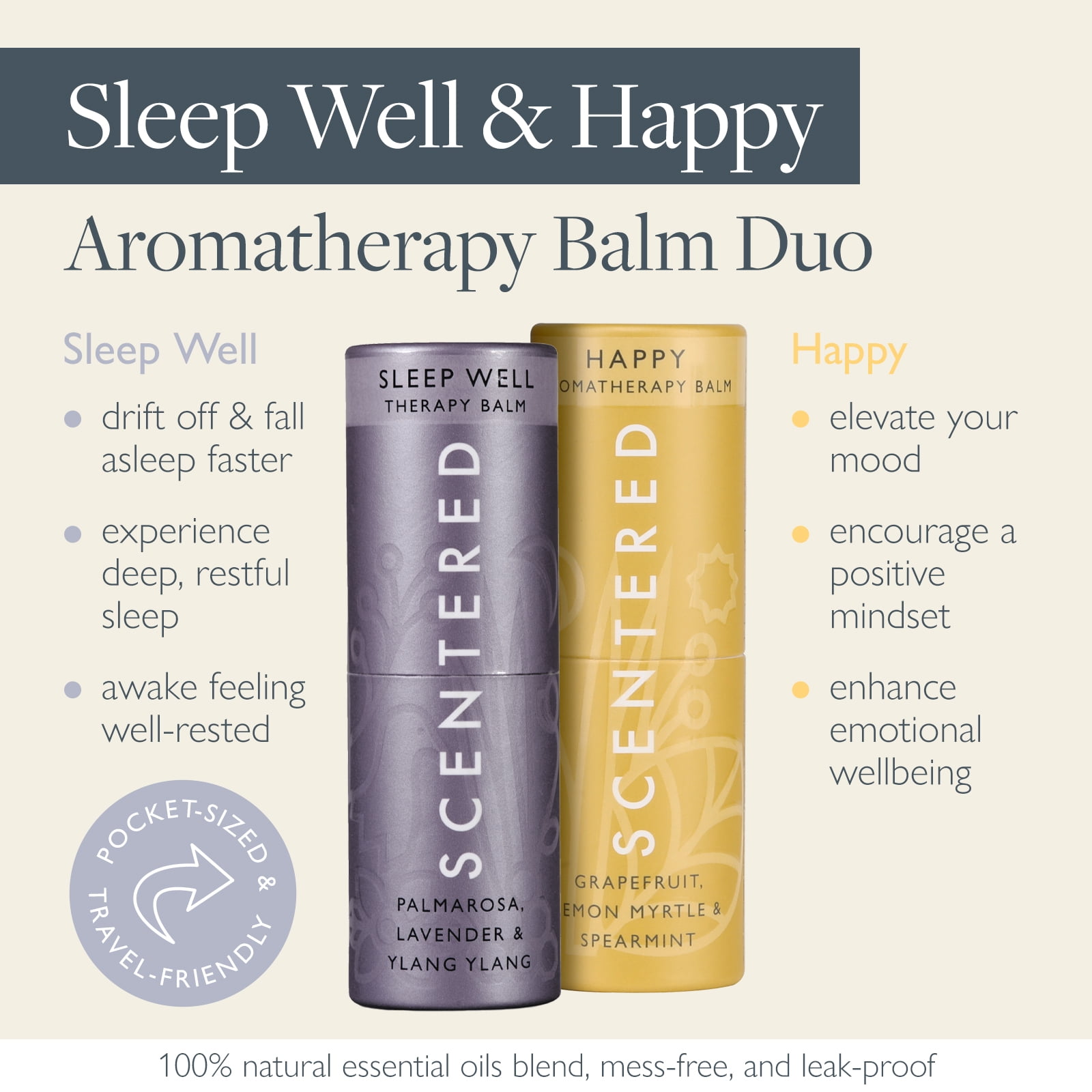Scentered SLEEP WELL & HAPPY Aromatherapy Essential Oils Balm Gift Set - For Restful Sleep & Gratitude - All-Natural Blends of Lavender, Ylang Ylang, Lemon, Grapefruit