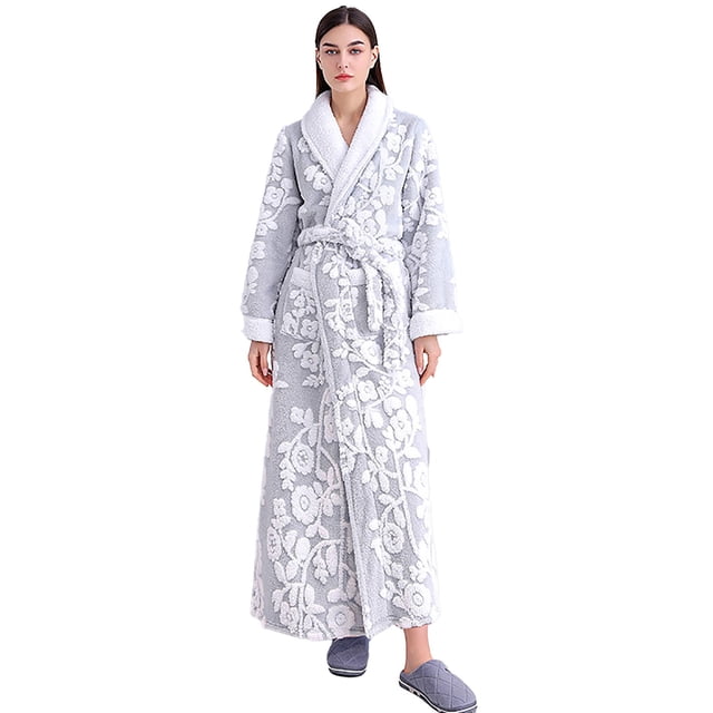 WZXFASHION Women's Fleece Robe Long Warm Plush Bathrobe Fuzzy House Coat Pattern WomenRobes Grey XL