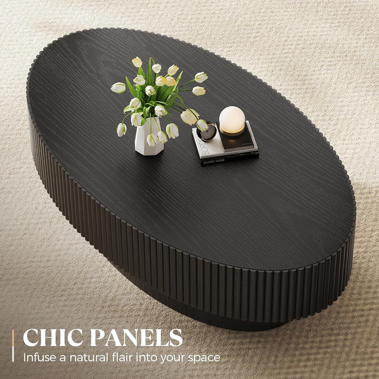 Gelloan 43.7" Olive Shape Wood Coffee Table, Modern Fluted Coffee Table for Living Room, Veneer Handcrafted Relief Tea Table with Sturdy Pedestal,Black