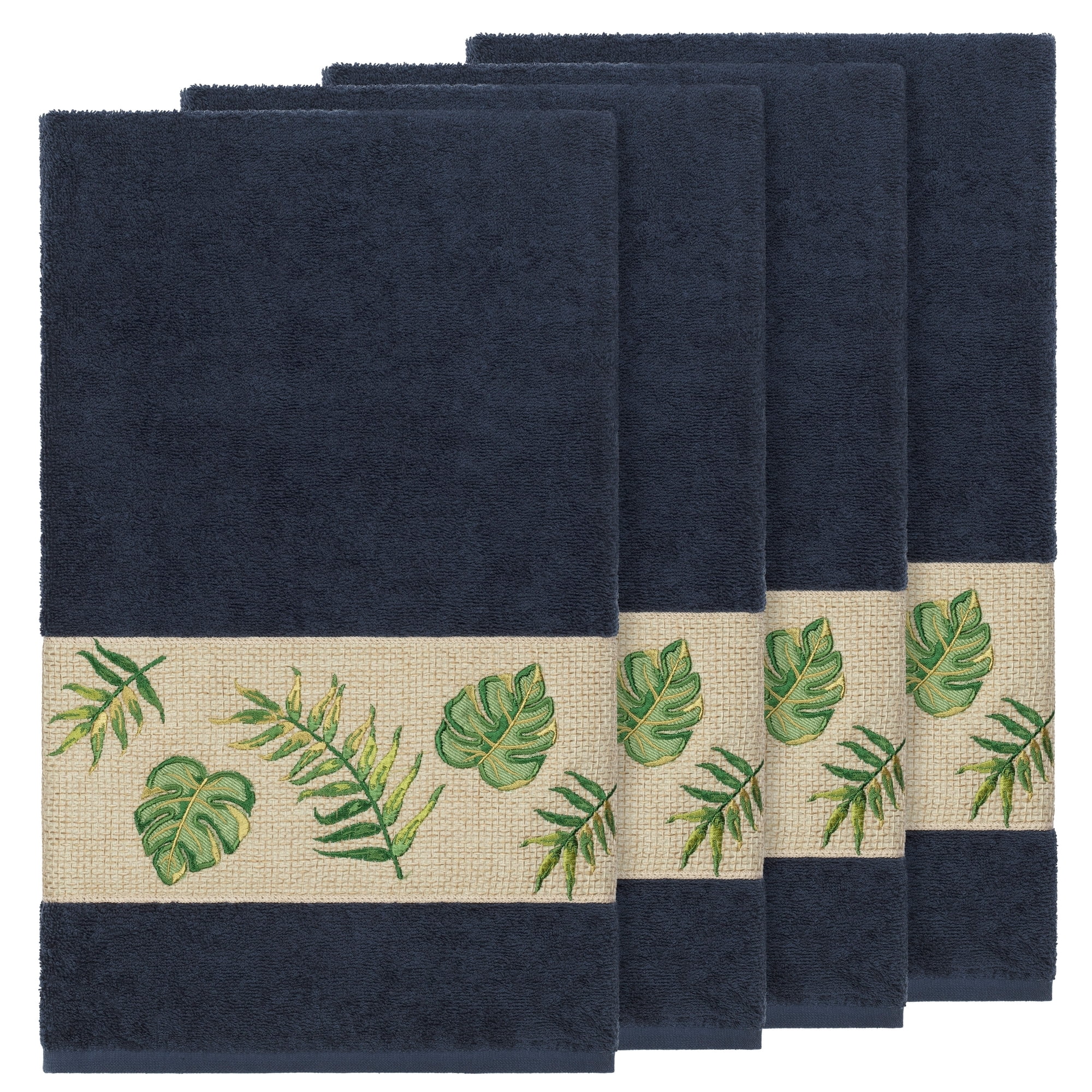 Authentic Hotel and Spa Turkish Cotton Palm Fronds Embroidered Midnight Blue 4-piece Bath Towel Set