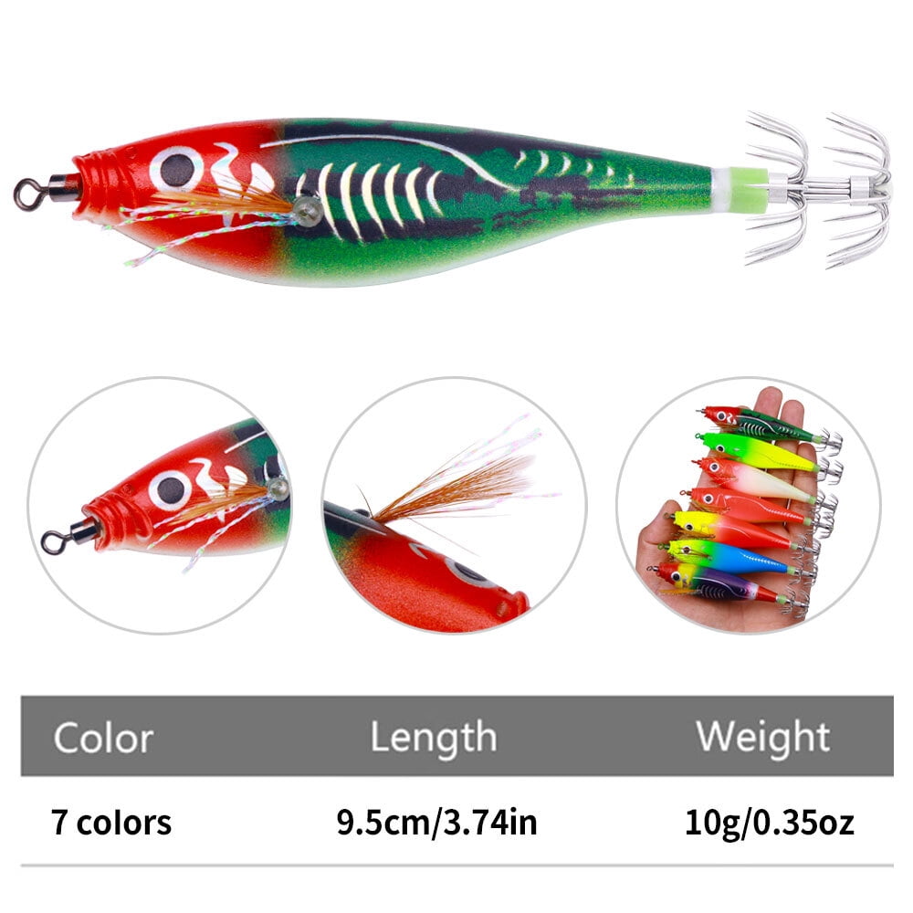 7PCS Glow Squid Jig Shrimp Lures Fishing Bait Hook Octopus 9.5cm/10g Saltwater