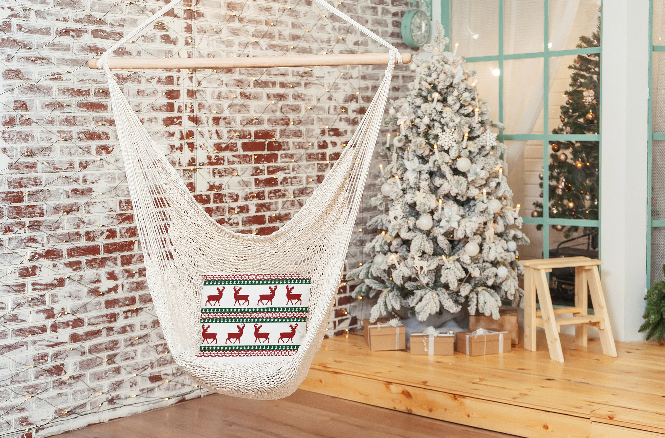 20" x 20" Simply Daisy Lace Reindeer Ensemble Polyester Indoor/Outdoor Pillow, Cardinal Red Qty 1