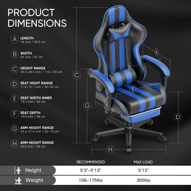 Ferghana Gaming Chair Office Chair Ergonomic Game Chair Hight Back with Massage Lumbar Pillow and Footrest Computer Chairs for Adults Kids Blue Walmart Business Supplies