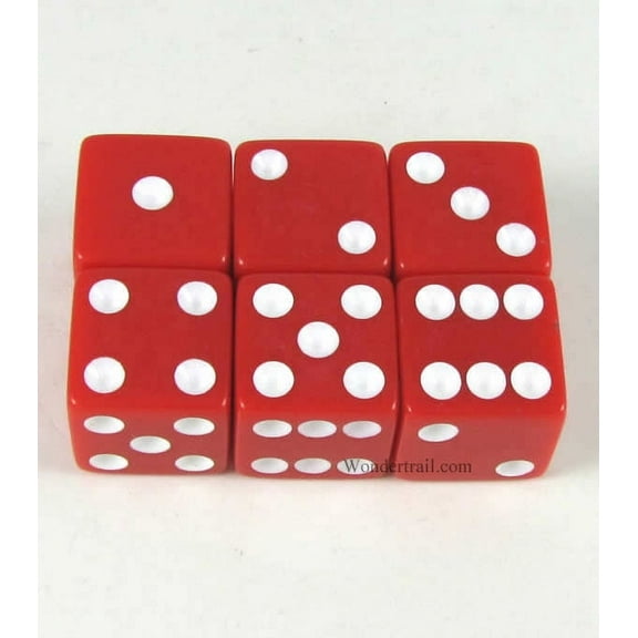 Red Opaque Dice with White Pips D6 16mm (5/8in) Pack of 6 Koplow Games