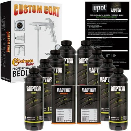 U-POL Raptor Tintable Urethane Spray-On Truck Bed Liner Kit w/ FREE Custom Coat Spray Gun with Regulator, 8