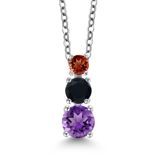 Gem Stone King Purple Amethyst Black Onyx Red Garnet 3 Stone Pendant Necklace for Women (0.85 cttw, Gemstone Birthstone, Round 5MM, 4MM and 3MM, with 18 inch Chain)