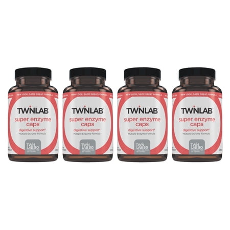 Twinlab Super Enzyme Caps - Digestive Enzymes with Pancreatin, Bromelain and Betaine HCL - Pancreatic Enzymes and Bromelain Supplement for Gut Health, Constipation and Gas Relief, 50 Caps (Pack of 4)