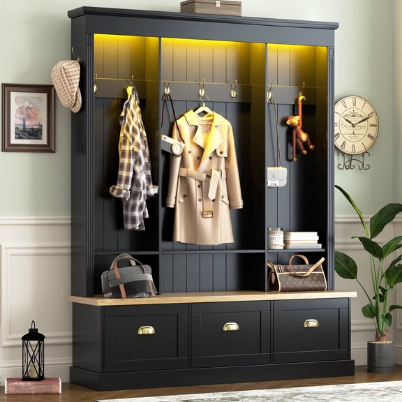 Oufan Elegant APP Controlled LED Light Hall Tree with Bench, Farmhouse Coat Rack with 3 Cabinets & 9 Hooks, Entrance Organizer for Hallway, Living Room
