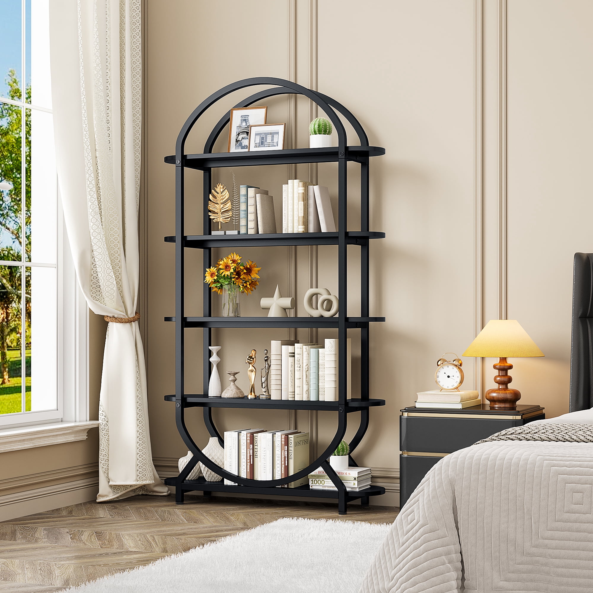 Modfurne Tall Bookshelf Arched Bookcase, Modern 5-Tier Book Shelves with Storage Organizer Living Room, Library, Home Office, Black