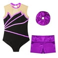 thumbnail image 3 of YONGHS Kids Girls Gymnastics Dance Outfit Ice Skating Leotard Unitard with Shorts Hair Tie Set Purple 4, 3 of 7
