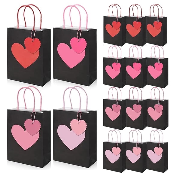 12 pack Heart Gift Bags with Handles and Heart Tags for Celebrating Birthdays,Mother's Day , Weddings, Anniversaries, Valentine's Day - 8.2 x 3 x 6