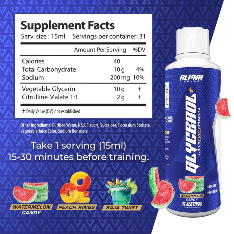 l carnitine vs citrulline Alpha Supps Glycerol+ Stim-Free Liquid Glycerol and Citrulline Supplement  for Muscle Pumps, Hydration, & Endurance (31 Servings, Watermelon Candy)