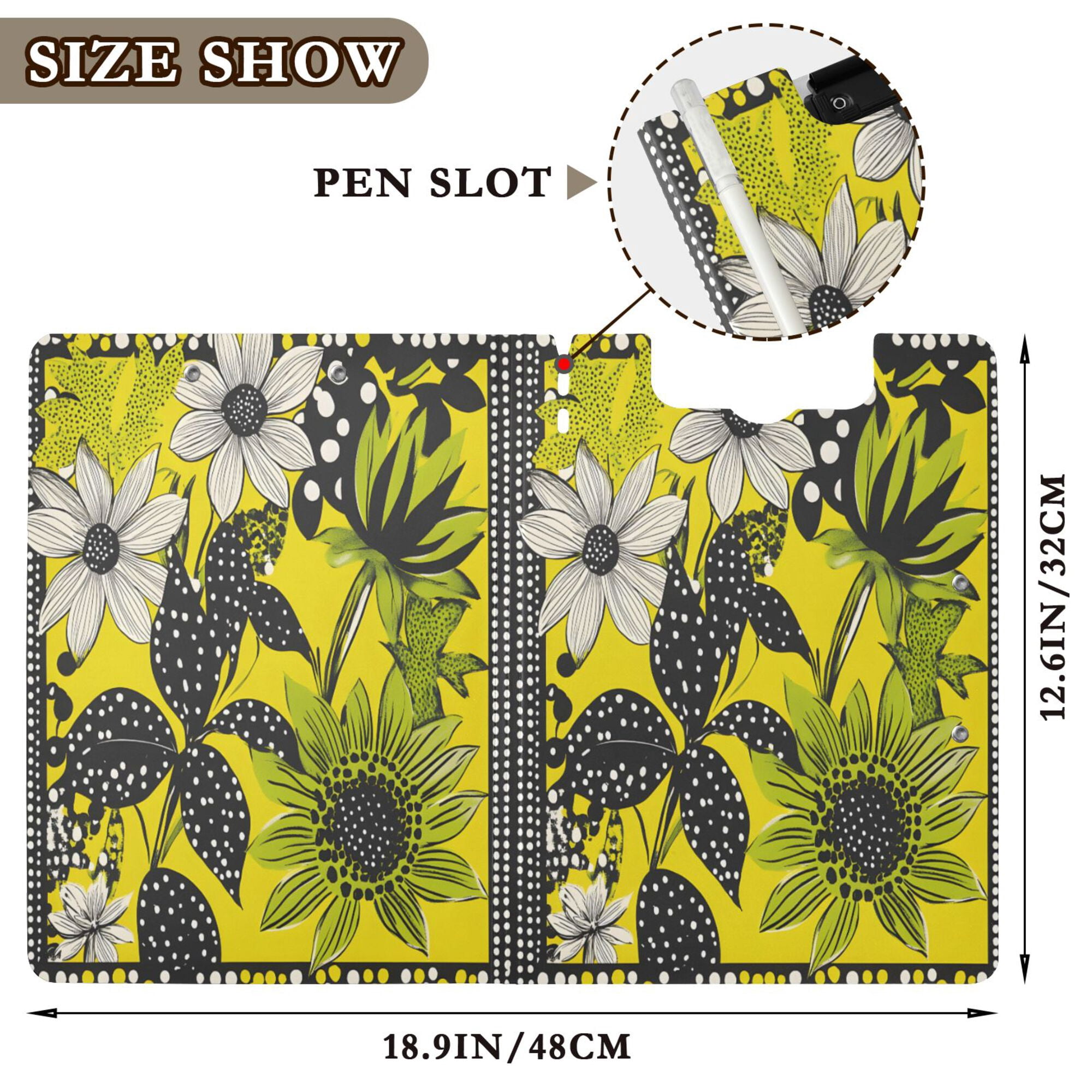 FORMRS A4 Clipboard Folder with Pen Holder Horizontal Foldable School Office Binder, Yellow Flowers