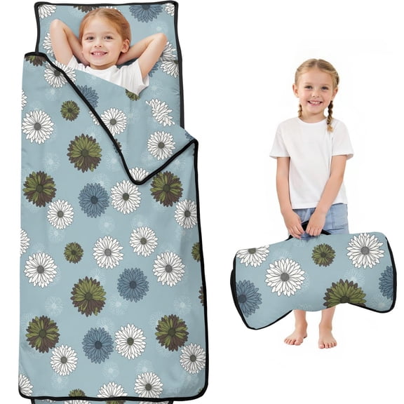 Geometric Flower and Dahlia Blue Pattern Teens Toddler Nap Mat with Pillow, Sleeping Mat Bag for Preschool Daycare 59"x22"