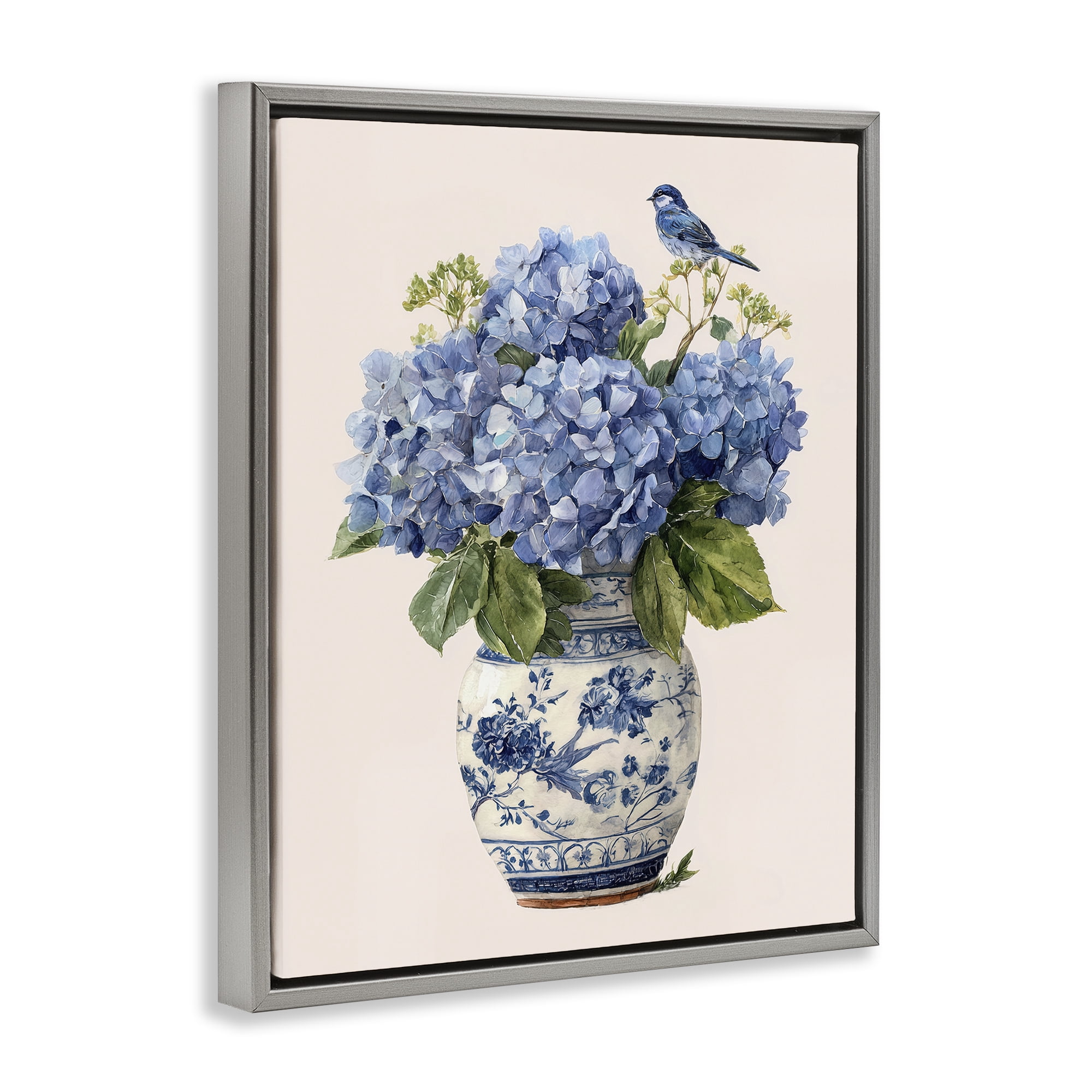 Stupell Industries Songbird Perched on Hydrangeas Gray Framed Floater Canvas Wall Art, design by Imagine It Images