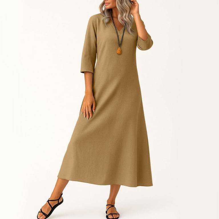 Suining Womens Linen Dress Fall Long Sleeve Loose Fit Shift Dresses Lightweight Basic Vneck Long Flowy Modest Dress Light Brown S, Women's, Size: