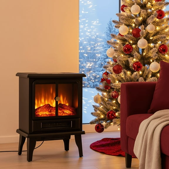 19" Freestanding Electric Fireplace Stove with Adjustable 3D Flame, Safe & Easy-to-Use Heater for Home Office, Compact Corner Design, Inky