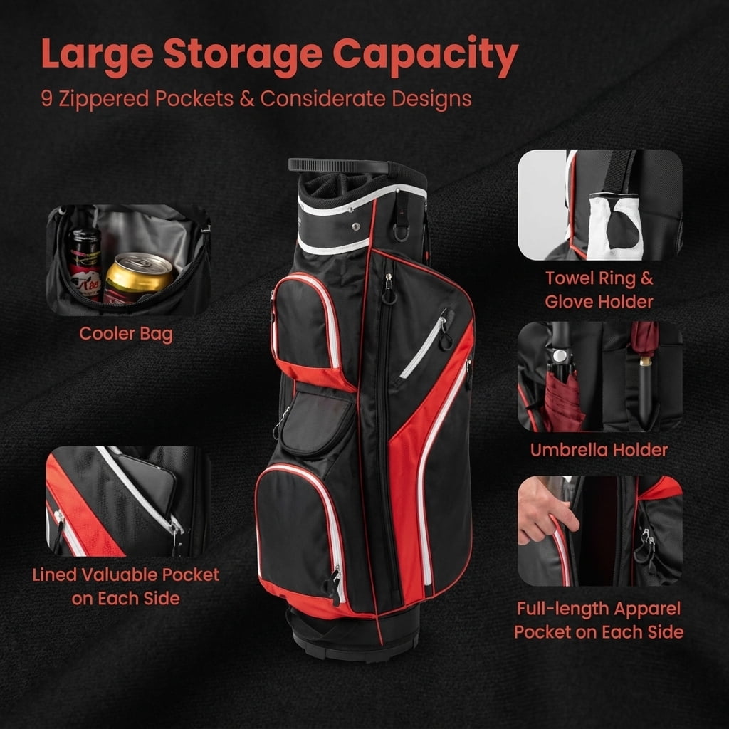 Airfind Tour-Cart 14-Way Golf Cart Bag with Color-Matched Rain Hood and Towel Ring featuring 9 zip pockets and a 9 in cart-well base for cart play, Sport Red