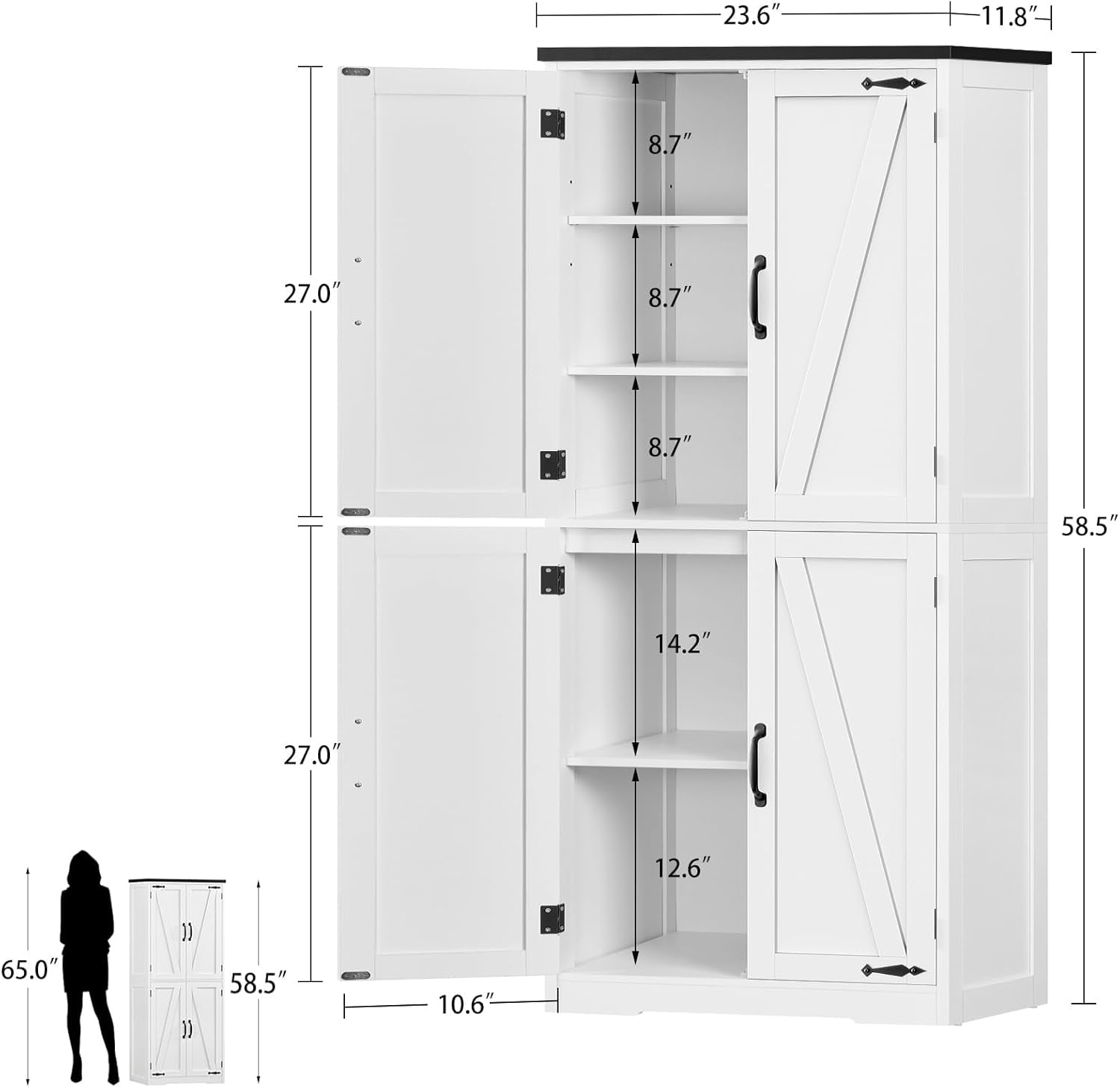 58" H Storage Cabinet with Adjustable Shelf, Farmhouse Kitchen Pantry Cabinet, Bathroom Cabinet with 4 Doors, Cupboard for Kitchen, Bathroom, Living Room