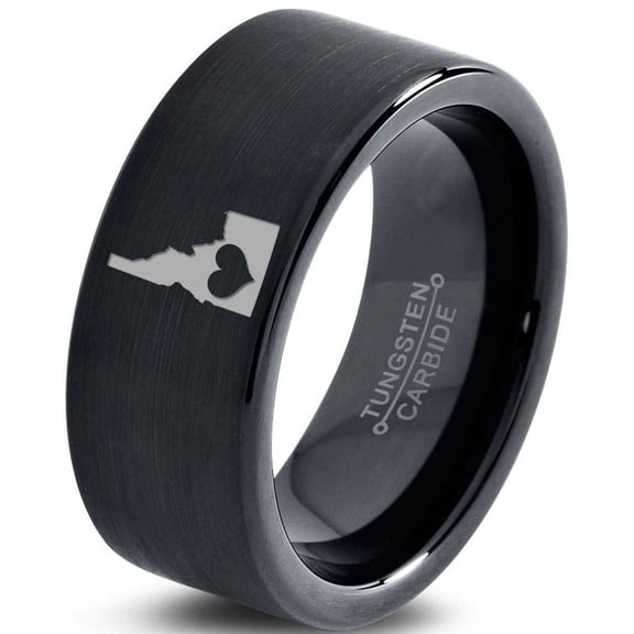 Tungsten Idaho The Gem State Heart Band Ring 9mm Men Women Comfort Fit Black Flat Cut Brushed Polished