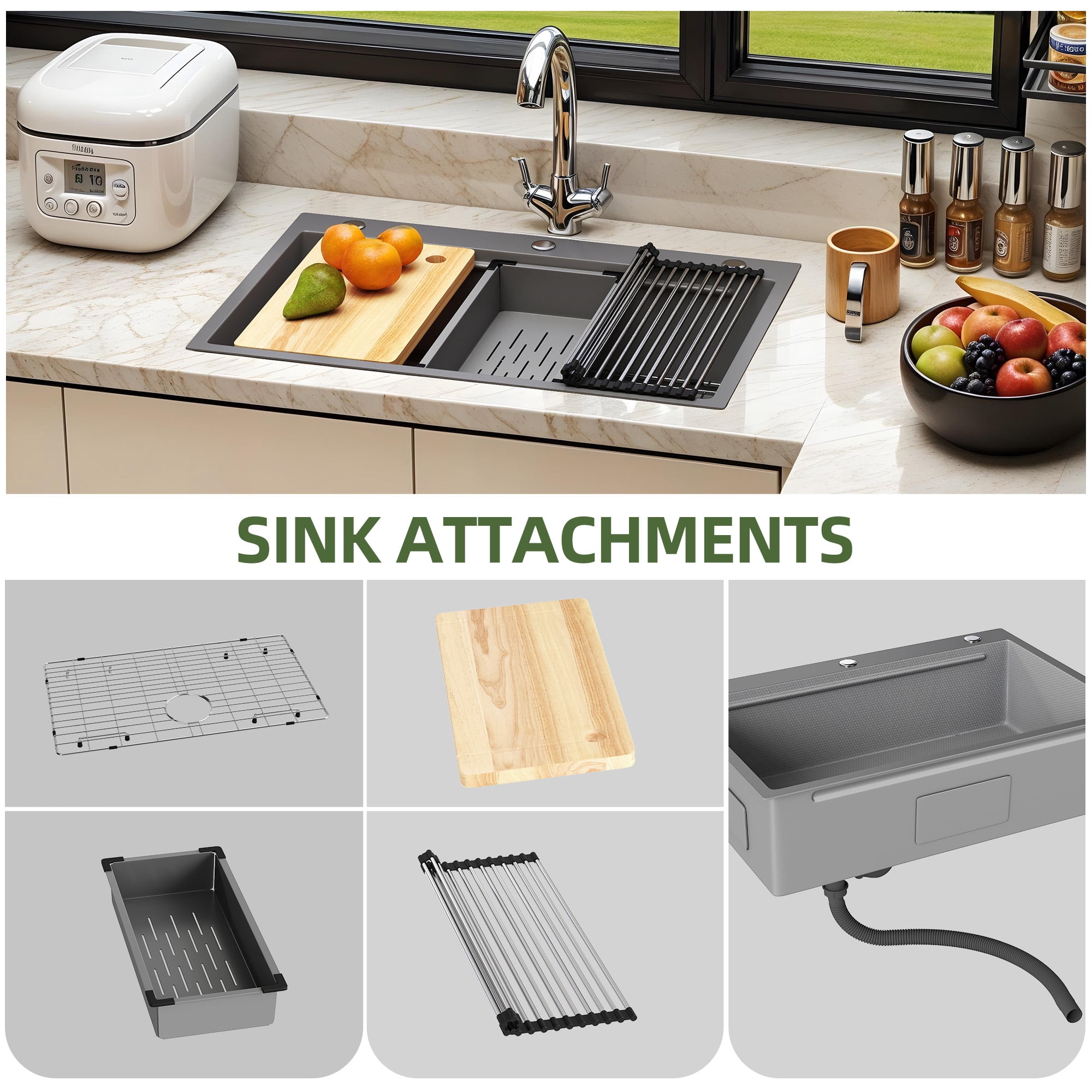 Uforic 33" Drop In Kitchen Workstation Sink, 304 Stainless Steel Single Bowl w/ Accessories, Silver