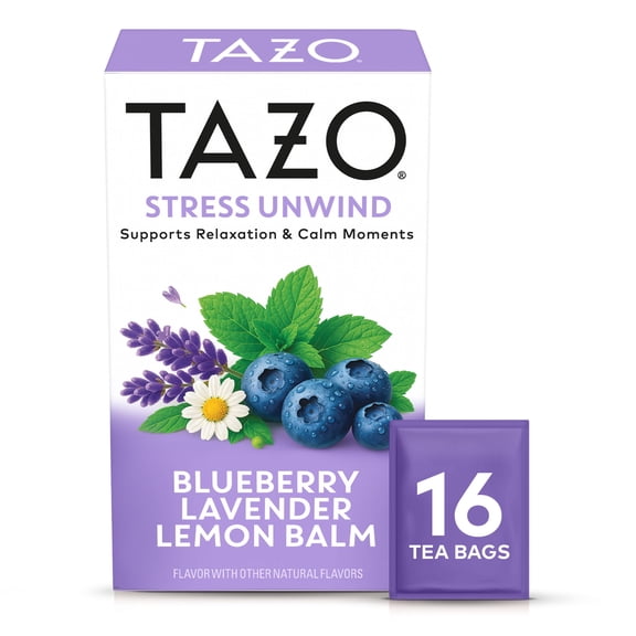 TAZO Calming Tea for Stress Relief, Stress Unwind — Lemon Balm Lavender Chamomile, Blueberry Flavor Herbal Tea, 16 Tea Bags