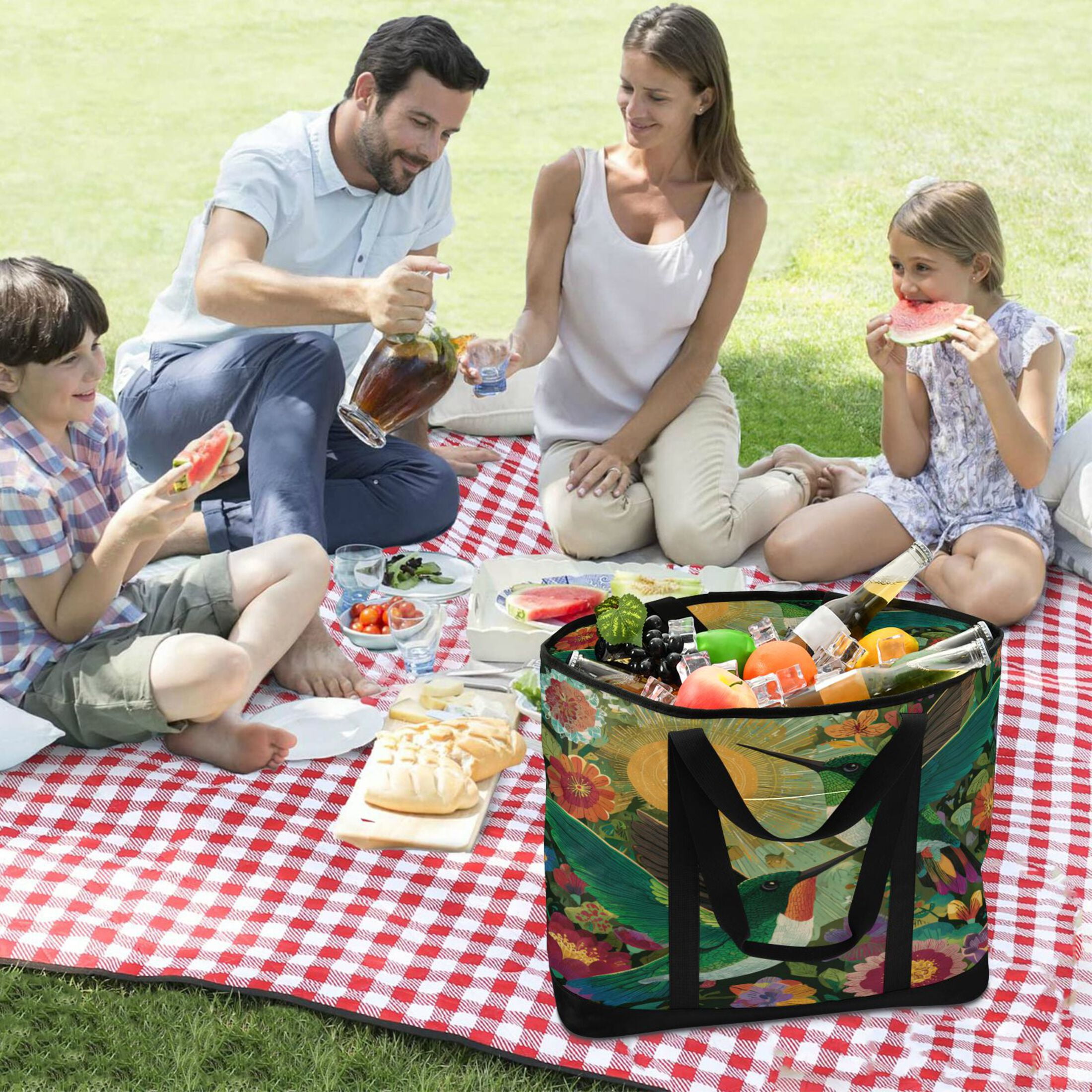 Extra-Large Wide Opening Design Capacity Hand-Held Ice Pack Thickened Insulation Layer For Long-Lasting Cold Retention For Outdoor Shopping Picnics And Camping Two Affectionate Green Hummingbirds