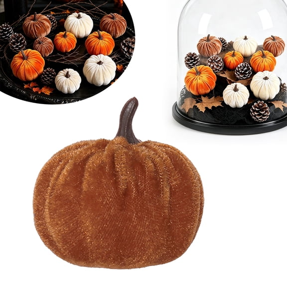 Clearance Sale! Velvet Pumpkin Set of 4, 6cm Fall Artificial Pumpkins in Brown, Farmhouse Table Centerpiece for Thanksgiving Halloween Decor