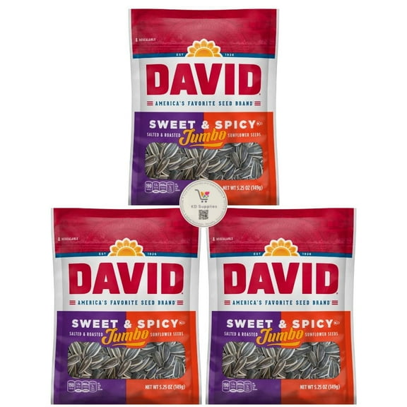 David's Salted & Roasted Sunflower Seeds, Pack of 3 5.25 oz Bags Jumbo Sweet & Spicy