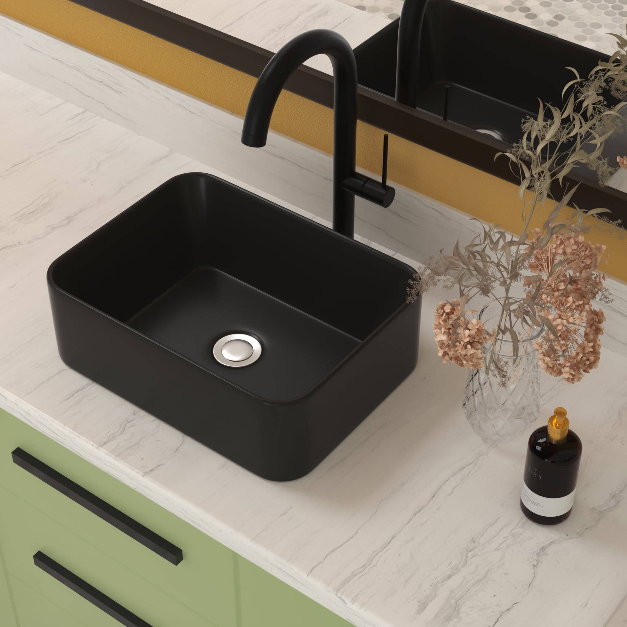 Logmey 16"Lx12"W Rectangle Black Vessel Sink for Bathroom Ceramic Sink Above Counter Basin Art