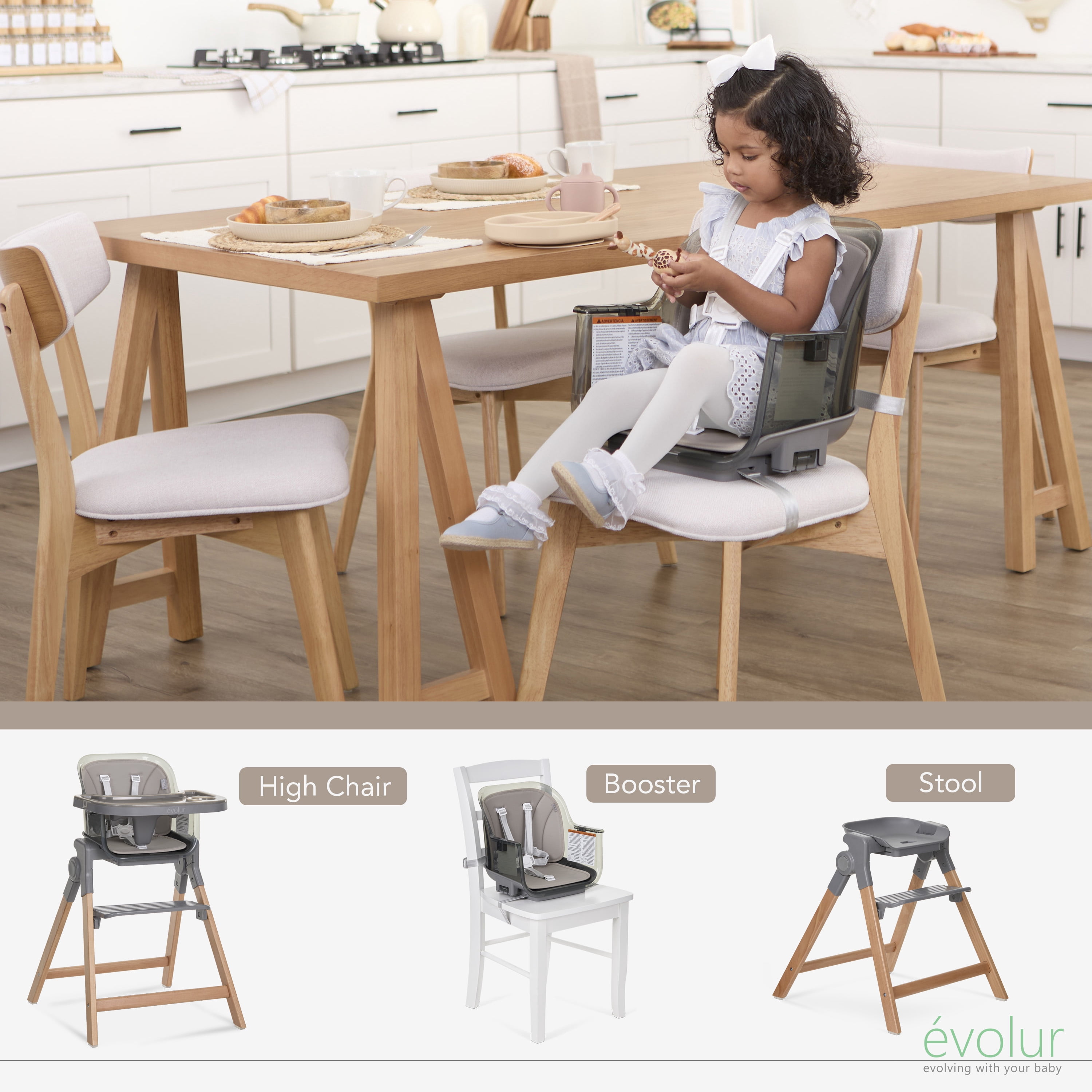 Evolur Tiny Throne 2-in-1 Portable High chair in Fossil Gray, Baby High Chair Converts into Booster Seat & Adult Stool, Removable Tray and Easy To Clean