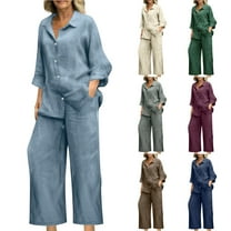 Horkkom Casual Outfits for Women 2 Piece Long Sleeve Button Down Shirts Elastic Waist Pants Linen Sets Loose Solid Color Lounge Sets, Gifts for Women